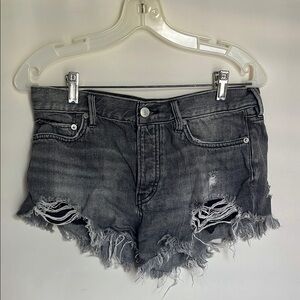 We The Free Black Distressed Jean Shorts Mid-Waisted